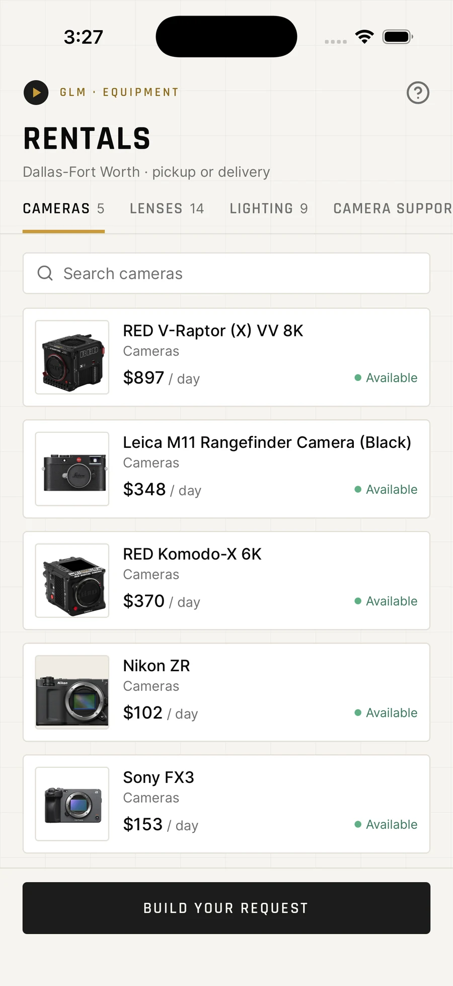 GLM Rentals iPhone catalog showing real camera inventory and day rates