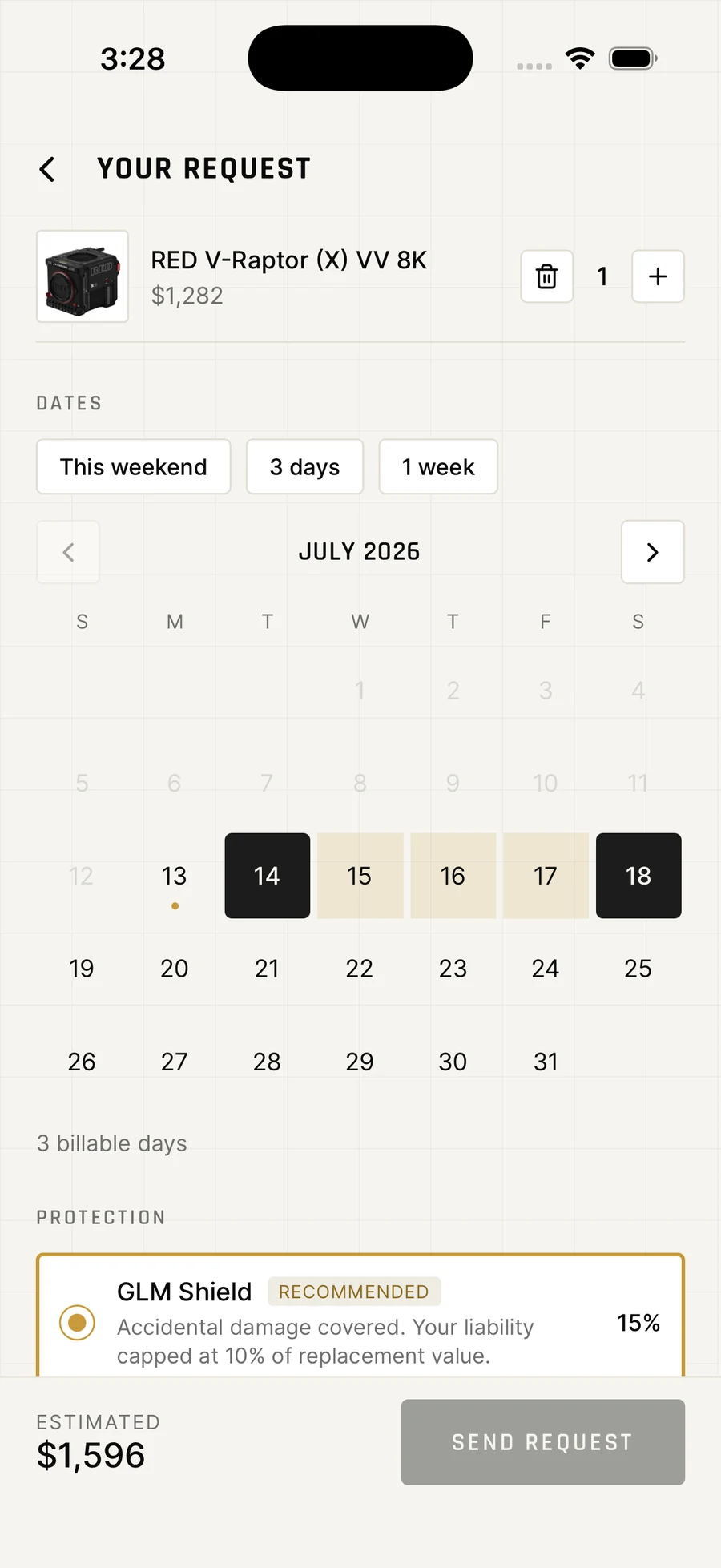 GLM Rentals app showing selected dates and an itemized estimate