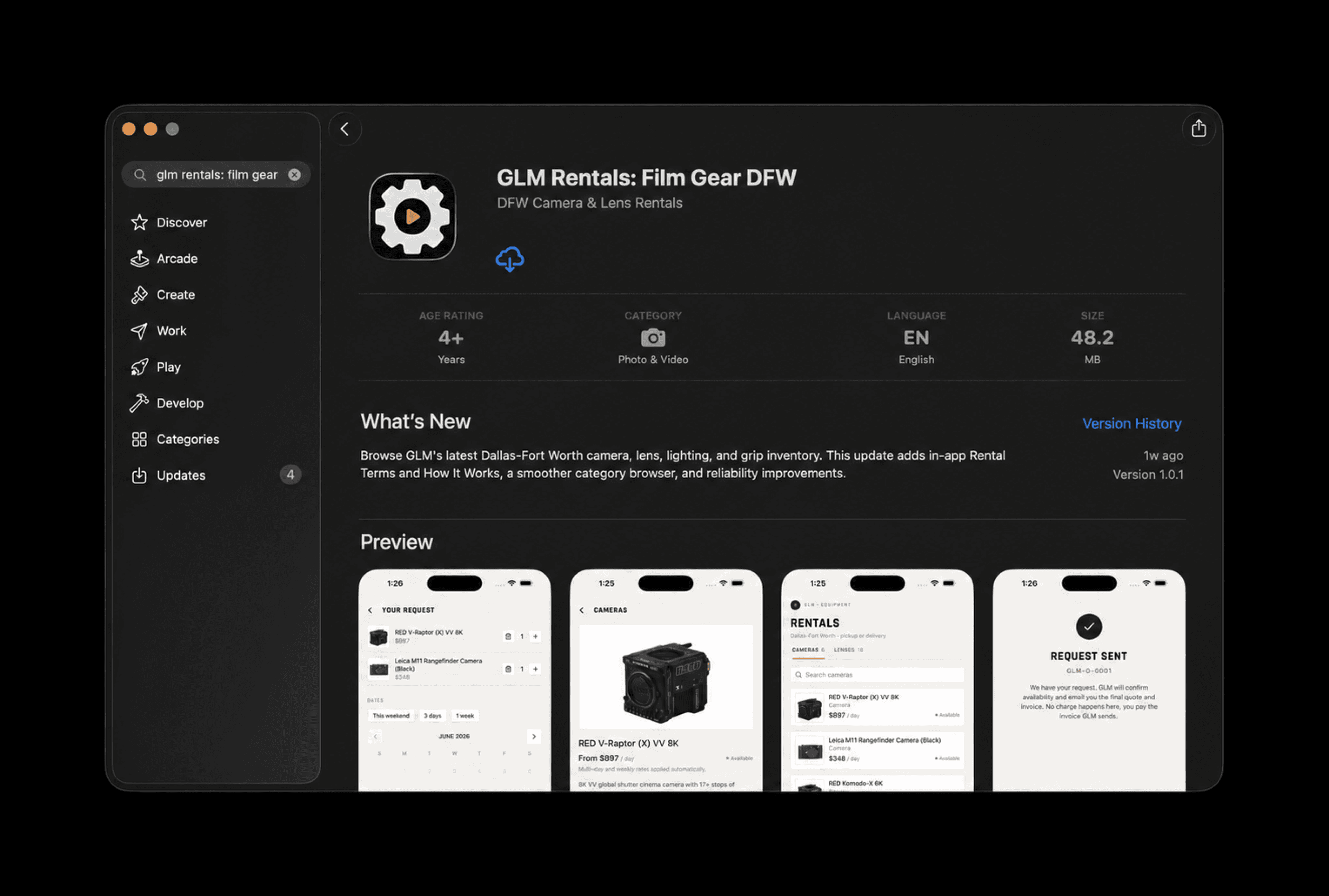 GLM Rentals iOS app listing in the Apple App Store with previews of the rental request flow