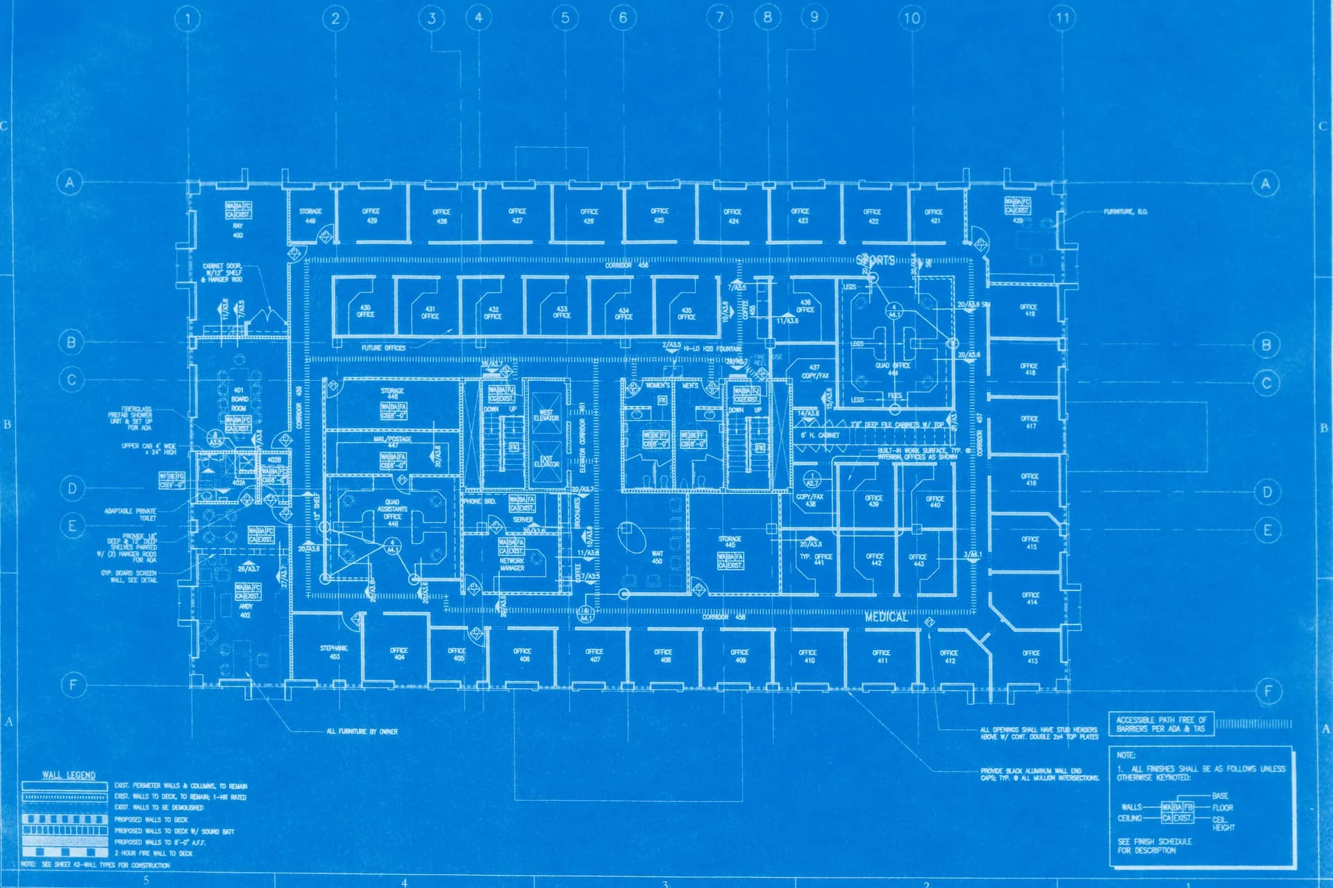 Custom blueprint print: a white floor plan of offices on a blue background