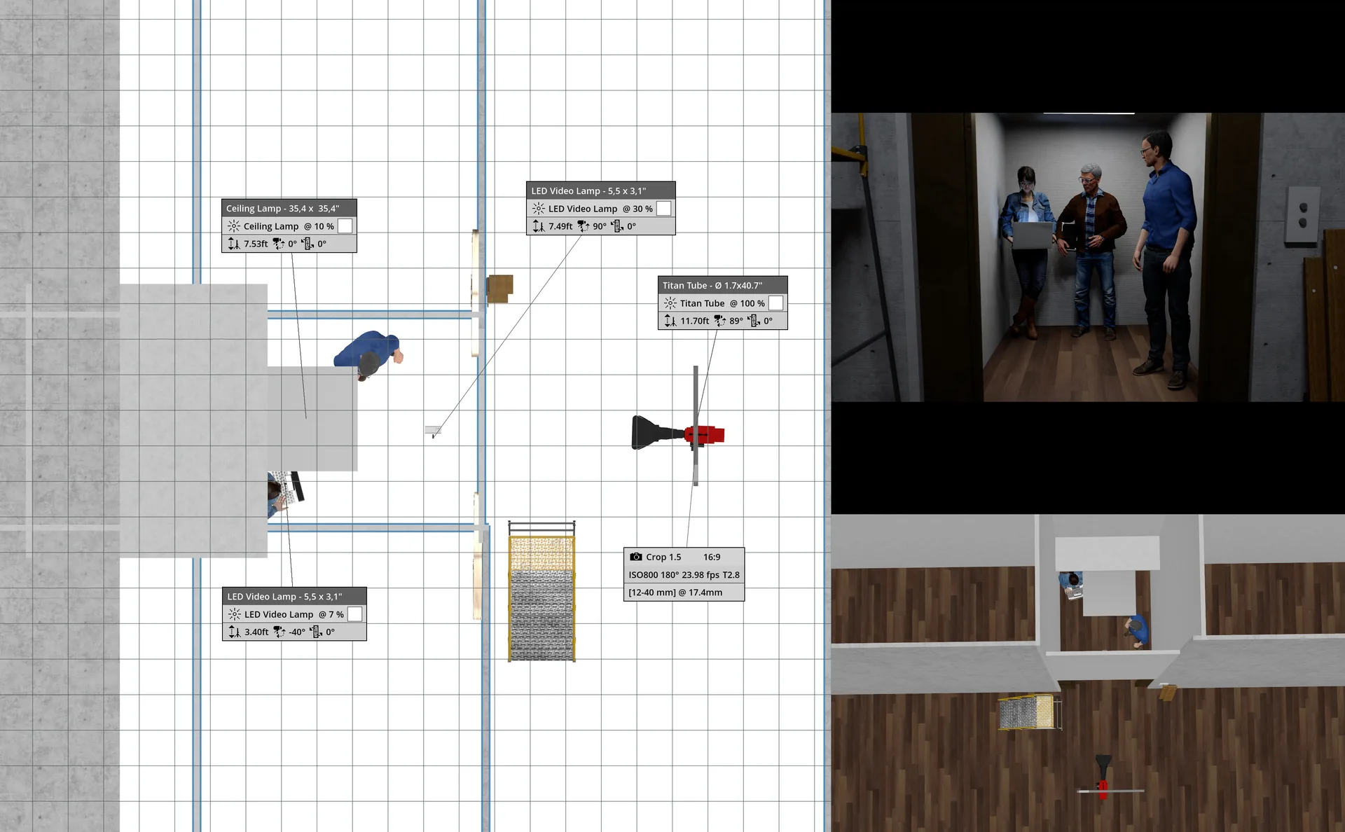 set.a.light 3D lighting plan for the elevator setup, with the top-down floor plan, the camera view and a 3D overview