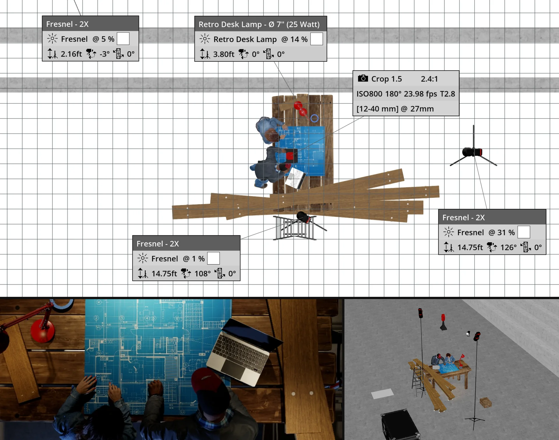 set.a.light 3D lighting plan for the overhead plans table setup, with the top-down render and a 3D overview