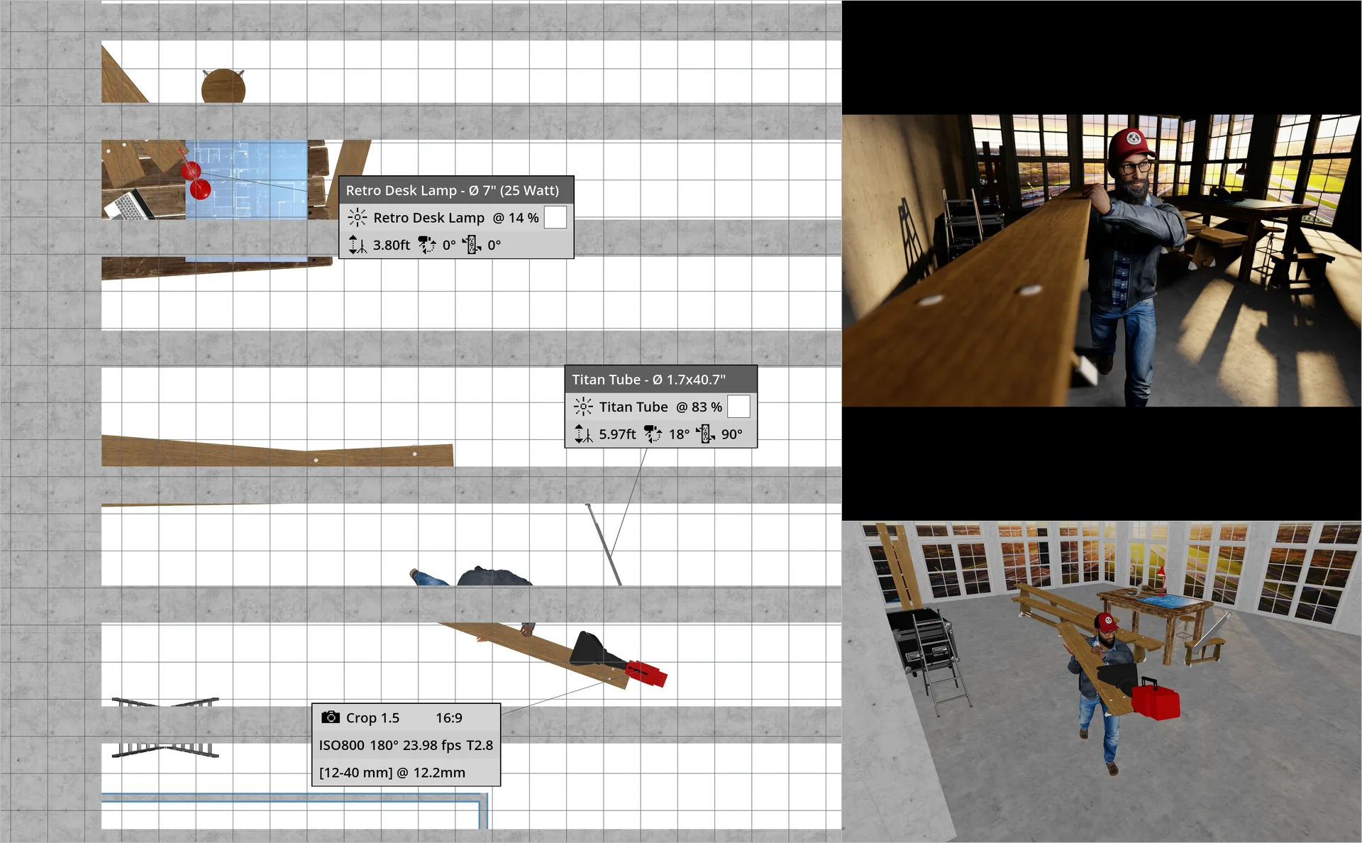 set.a.light 3D lighting plan for the 2x4 setup, with the camera mounted on the end of the board, the camera view and a 3D overview