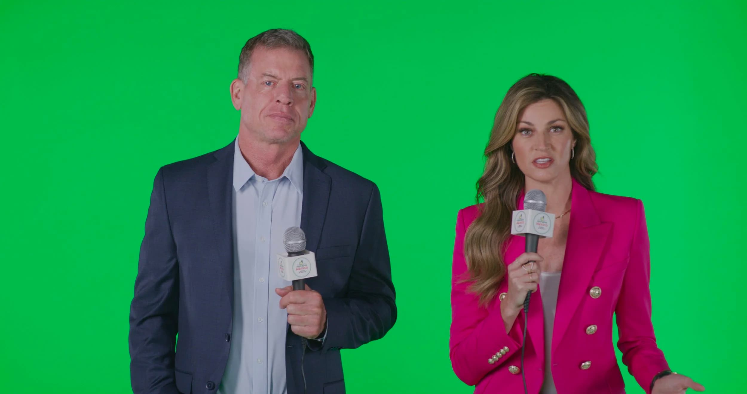 Troy Aikman and Erin Andrews on green screen set for Avocados from Mexico Super Bowl commercial