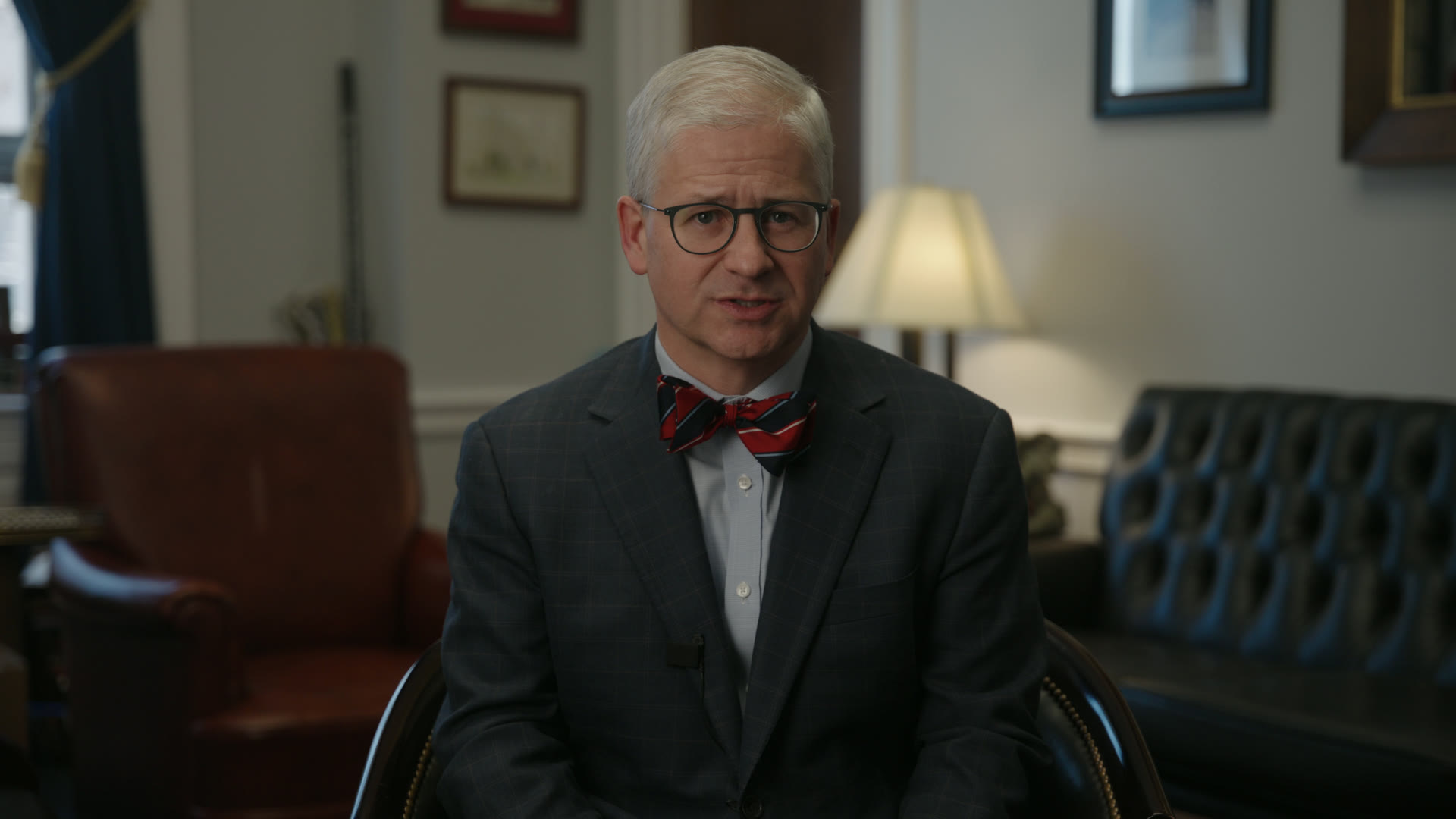 Congressman Patrick McHenry speaking to camera in his Washington, DC office