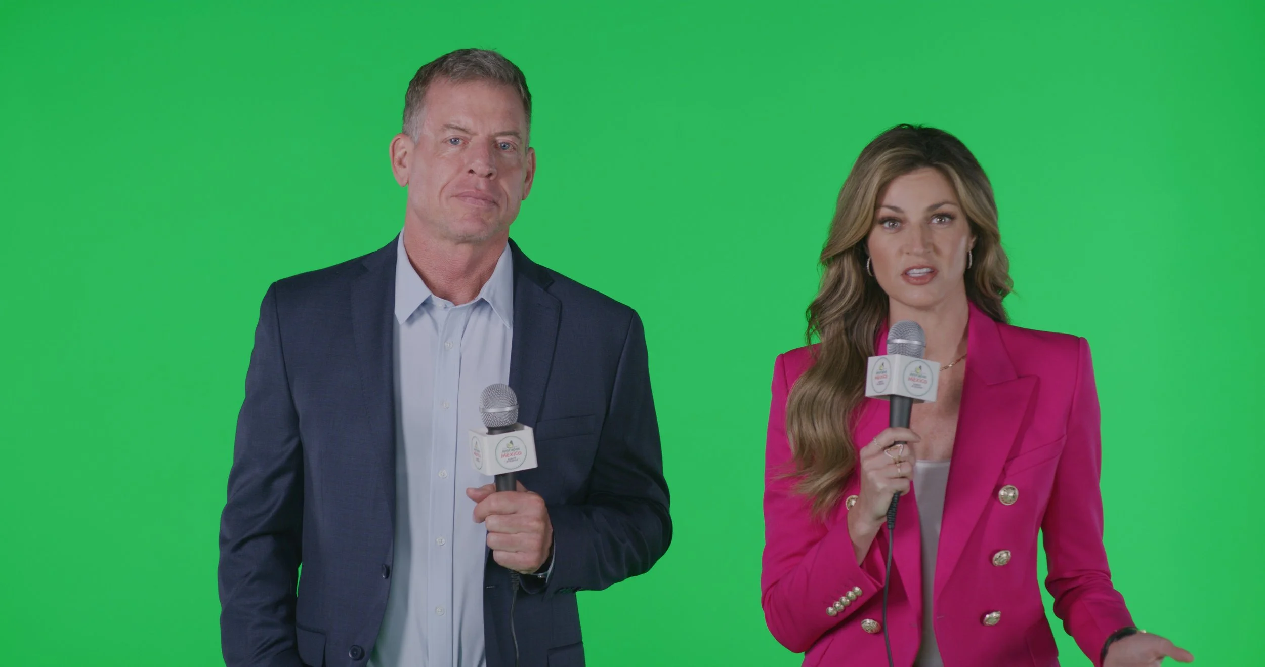 Troy Aikman and Erin Andrews on green screen set for Avocados from Mexico Super Bowl commercial