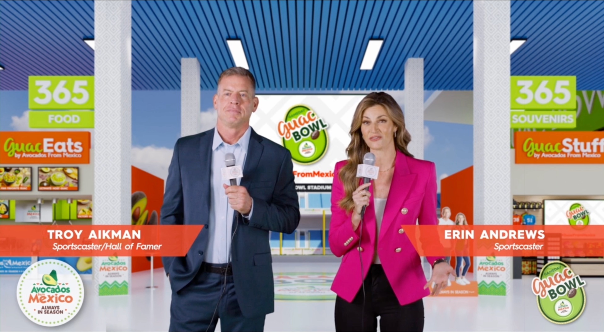Troy Aikman and Erin Andrews hosting Guac Bowl for Avocados from Mexico Super Bowl commercial