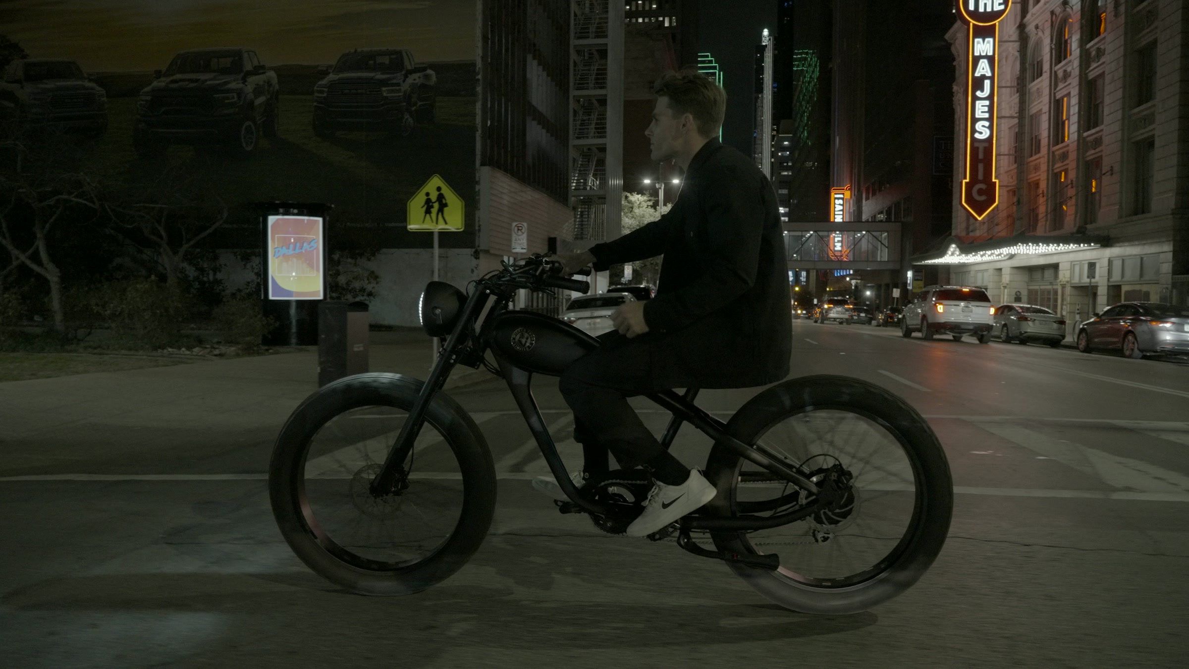 Still frame titled "Downtown Street Bike Lean" from the Filmsupply Factory Bike TV Construction Selects source drop.