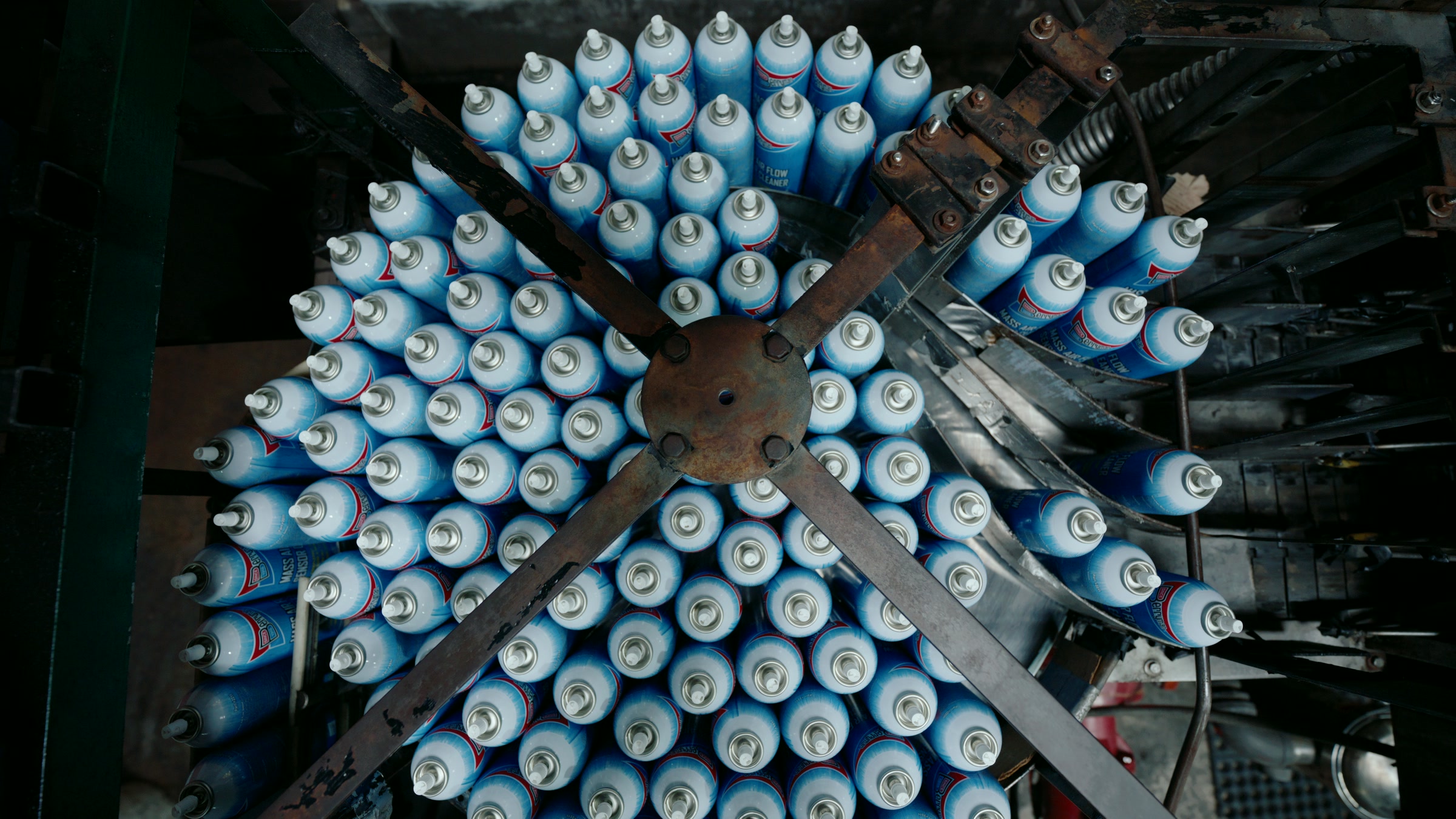 Still frame titled "Factory Rotary Bottle Overhead" from the Filmsupply Factory Bike TV Construction Selects source drop.