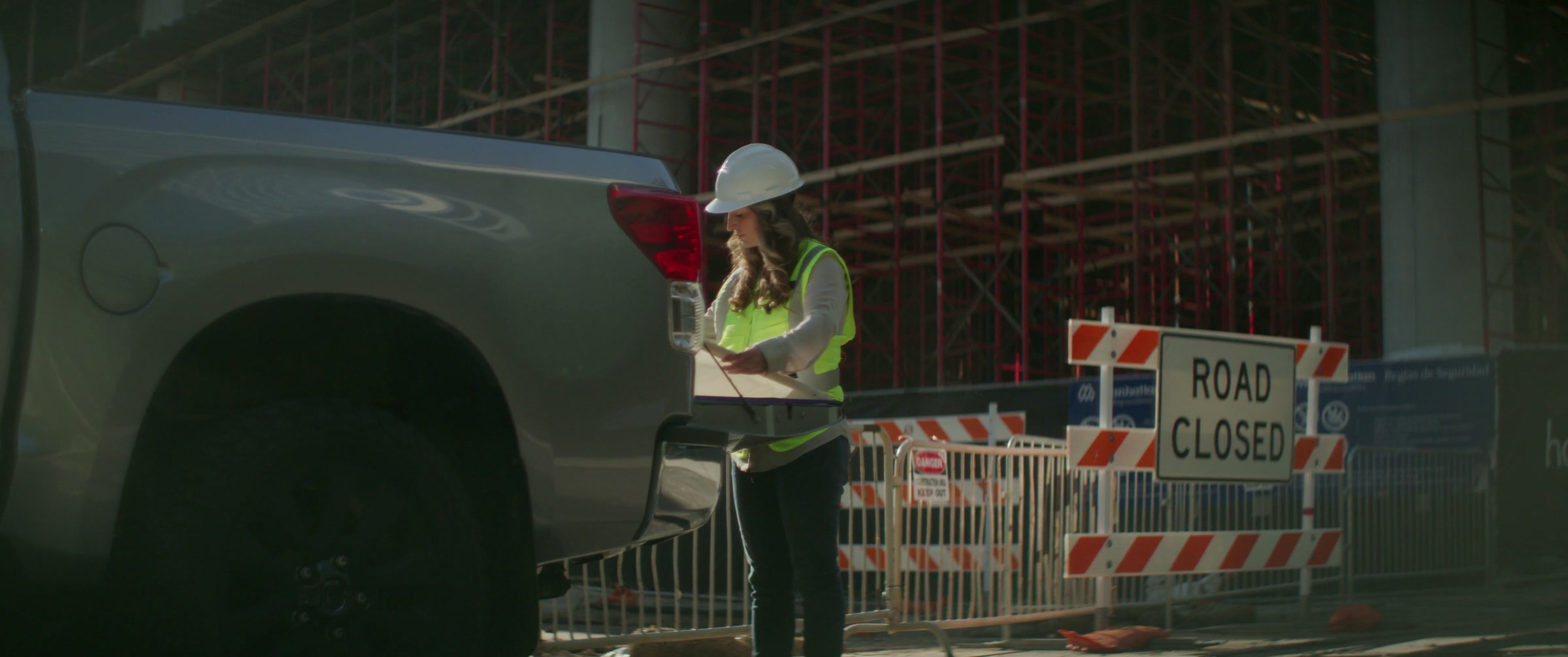 Still frame titled "Road Closed Construction Check" from the Filmsupply Factory Bike TV Construction Selects source drop.