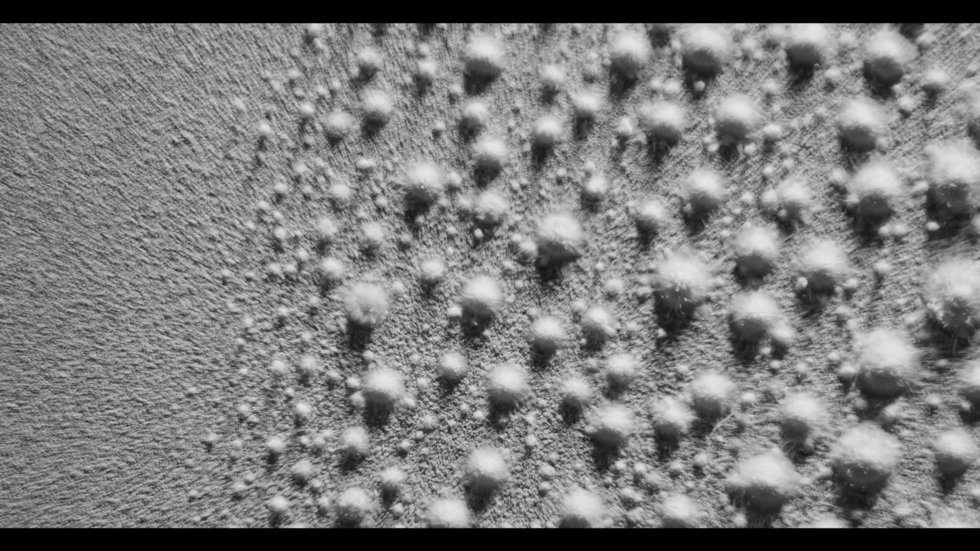 Still frame titled "Powder Stringout Particle Drift" from the GLM Filmsupply Frame Grab Titles source drop.