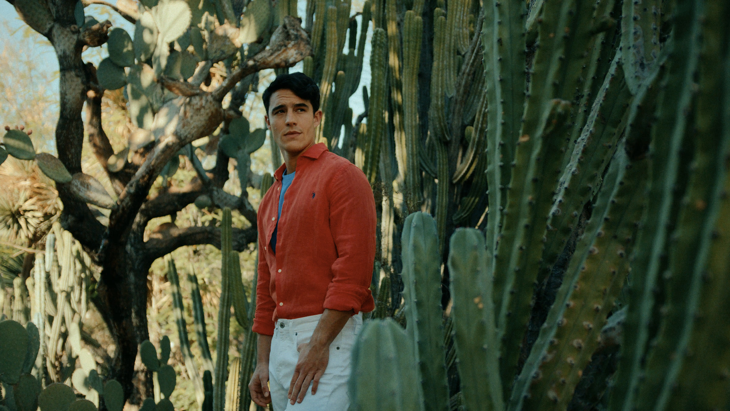 Cactus garden portrait with red jacket, sculptural desert plants, and hard sun.